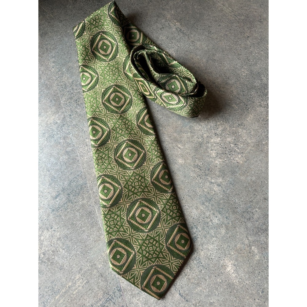 Vintage TownCraft Par Excellence Tie 70s‎ Geometric Necktie Green Tan Retro